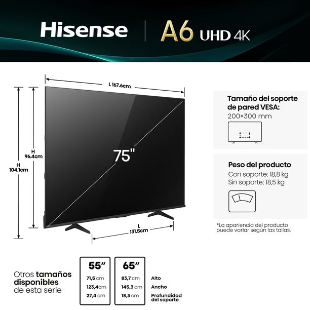 Televisor 75" LED 4K UHD 75A6NV Smart TV Hisense